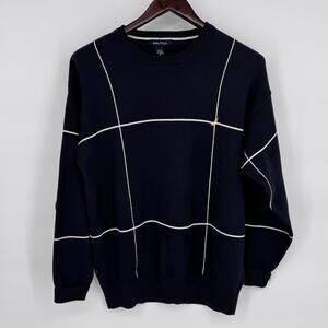 Nautica Sweater Mens Medium Navy Blue Windowpane Plaid Cotton Crewneck Logo